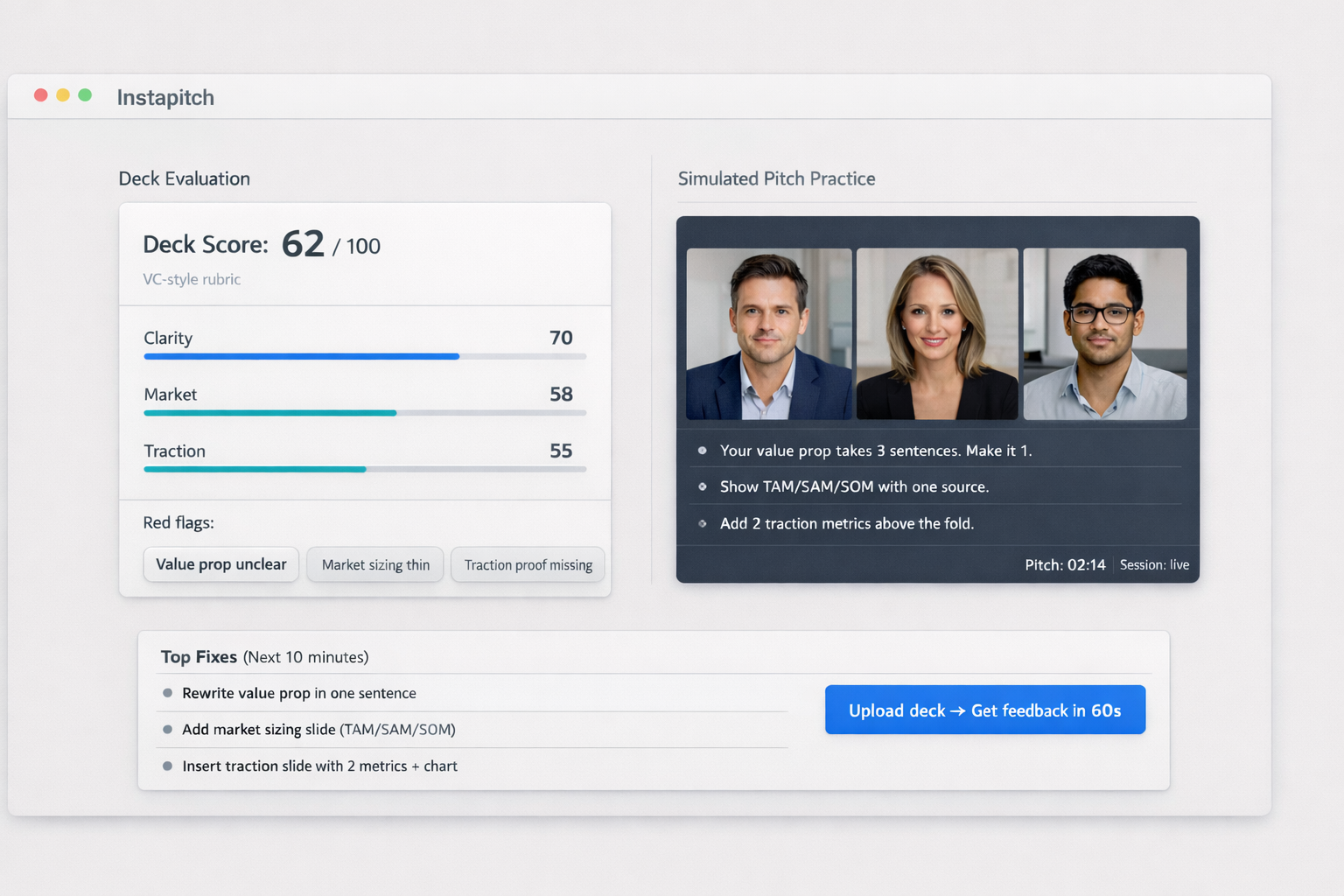 Instapitch product preview showing a deck score rubric, red flags, and simulated pitch practice with VC personas.
